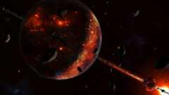 A glowing red planet with a beam of fire going diagonally through it with a ball of light in the bottom right corner