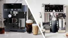 Split image of Ninja Luxe Café Premier and Ninja Luxe Café Pro coffee makers