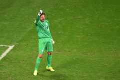 Tim Krul celebrates his penalty shootout heroics for the Netherlands against Costa Rica at the 2014 FIFA World Cup