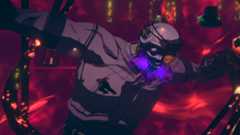 a guy in a mask seems to be strung up from the ceiling and superimposed on the background of a fight