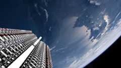 rows of starlink satellites in the lower left portion of the image with Earth in the background and a slither of black space in the lower right side of the image.