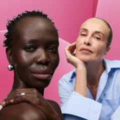 collage of women wearing matte lipstick on a pink background