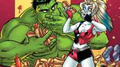 Hulk and Harley Quinn stuffing themselves with hot dogs