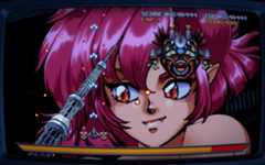 Spaceships do battle while a giantess with pointy teeth watches