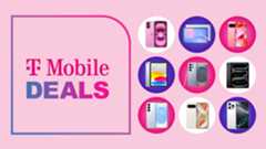 Assorted Apple, Google, and Samsung phones and tablets on pink background with T-Mobile deals text overlay