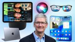 Render of Apple Glasses, HomePod with touchscreen, Siri icon, Tim Cook, MacBook Air and render of a folding iPhone.