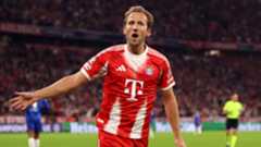 Harry Kane of Bayern Munich celebrates scoring his team's third goal during the UEFA Champions League 2025/26 League Phase MD1 match between FC Bayern München and Chelsea FC at Football Arena Munich on September 17, 2025 in Munich, Germany. 