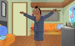 Bojack Horseman is wearing a robe and has his arms open, in his trailer