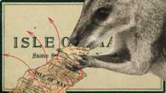 Photo collage of a wallaby eating a map representation of the Isle of Man. Red arrows indicate spread of the marsupial off the island.