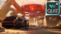 Screenshot from Arc Raiders showing a person hiding behind a car and a large robot over them. A badge in the top right shows the Windows Central logo and say &quot;Quiz,&quot; under it. 