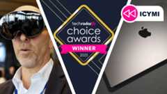 Lance weraing the Samsung Galaxy XR headset next to the M5 MacBook Pro and the TechRadar Choice Awards banner
