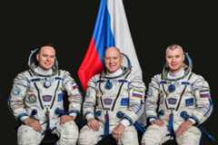 Soyuz MS-21 crew members (from left) Sergey Korsakov, Oleg Artemyev, and Denis Matveev pose for a portrait at the Gagarin Cosmonaut Training Center in Russia. They will serve aboard the International Space Station as Expedition 66/67 crew members