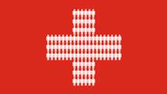Illustration of a Swiss flag with the white central cross filled with people icons