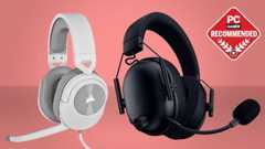 A Corsair HS55 Stereo and Razer BlackShark V3 gaming headset on a pink background with a PC Gamer Recommended logo on top.