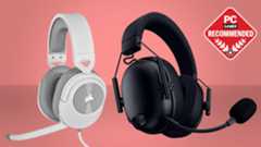 A Corsair HS55 Stereo and Razer BlackShark V3 gaming headset on a pink background with a PC Gamer Recommended logo on top.