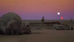 A scene from Star Wars showing the Tatooine sunset(s).