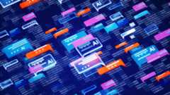 Digital generated image of abstract AI chat icons over digital surface.