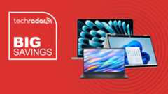 Collage of Dell, Apple and HP laptop on a red background