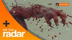 Dying Light: the beast screenshot of a mutated infected&#039;s claw and arm spraying blood, with an orange On The Radar overlay