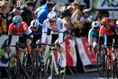 LIEGE BELGIUM APRIL 24 LR Maxim Van Gils of Belgium and Team Lotto Dstny Mathieu van der Poel of The Netherlands and Team Alpecin Deceuninck and Thomas Pidcock of The United Kingdom and Team INEOS Grenadiers cross the finish line during the 110th Liege Bastogne Liege 2024 Mens Elite a 2545km one day race from Liege to UCIWT on April 24 2024 in Liege Belgium Photo by Dario BelingheriGetty Images