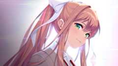 Best visual novel games: a close-up of Monika looking ahead with a bright light behind her during Doki Doki Literature Club Plus!