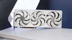 A Gigabyte RTX 5070 Ti Eagle OC Ice on a desk and installed in a gaming PC. 