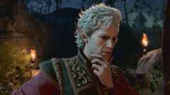 Astarian looking pensive with his hand resting on his chin in Baldur's Gate 3