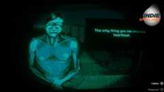 No I&#039;m Not a Human screenshot featuring the Indie Spotlight Logo that shows an unsettling figure saying &quot;the only thing you can stop is a heartbeat&quot;