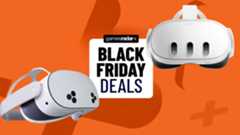 A Meta Quest 3 and supposed Quest 3S on an orange background, slightly covering a Black Friday deals badge