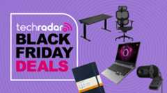 An office chair, standing desk, webcam, laptop, and notebook scattered against a purple background next to a TechRadar badge reading 'Black Friday deals'