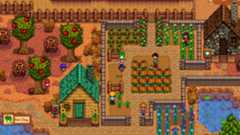 Stardew Valley multiplayer - three players harvest pumpkins and other crops together in a small walled garden outside a cabin with a nearby orchard