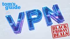 Large text "VPN" on a pale background of circuitry, with the Tom's Guide logo in the top left, and a red stamp saying "Black Friday Deals" in the bottom right.