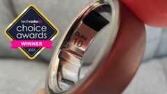 Oura Ring 4 showing its brand name and size on the ring&#039;s inside, with a logo superimposed that says TechRadar Choice Awards Winner 2025