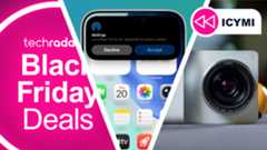 A Black Friday deals logo next to an iPhone on a blue and green background receiving an AirDrop file, next to a Caira camera on a pool table