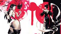 Fantasy character art showing female characters in a red and black colour palette