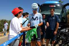ARCHIDONA, SPAIN - AUGUST 23: Oier Lazkano of Spain and Team Movistar meets the fans at start prior to the La Vuelta - 79th Tour of Spain 2024, Stage 7 a 180.5km stage from Archidona to Cordoba / #UCIWT / on August 23, 2024 in Archidona, Spain. (Photo by Tim de Waele/Getty Images)