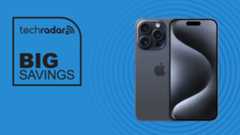 Apple iPhone 15 Pro on blue background with don&#039;t miss text overlay