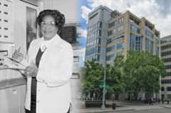 two images side by side: one of mary jackson in a lab coat, and the other of a building seen from a corner view