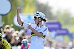 OUDENAARDE, BELGIUM - APRIL 06: Lotte Kopecky of Belgium and Team SD Worx - Protime (C) celebrates at finish line as race winner aheaf of Pauline Ferrand Prevot of France and Team Visma | Lease a Bike (L) and Liane Lippert of Germany and Movistar Team (R) during the 22nd Ronde van Vlaanderen - Tour des Flandres 2025 - Women&#039;s Elite a 168.9km one day race from Oudenaarde to Oudenaarde / #UCIWWT / on April 06, 2025 in Oudenaarde, Belgium. (Photo by Dario Belingheri/Getty Images)
