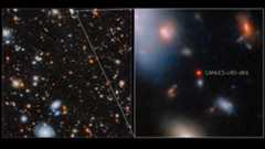 (Left) an image of many glowing galaxies in various shapes and colours, including spiral and elliptical galaxies, on a black background. A small box near the top of this image highlights a small collection of galaxies. (Right) the same area zoomed in to reveal its details up close. This region shows a small circular red galaxy in the centre, which is labelled “CANUCS-LRD-z8.6”
