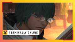 Koana, a character from FF14's Dawntrail, reads from a tome - overlaid is PC Gamer's design for the Terminally Online column.