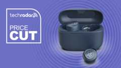 JLab Go Air Pop Plus True Wireless Earbuds in blue on purple background with TechRadar price cut sign