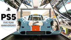 A shiny car from Gran Tursimo 7 in a garage, with the PS5 five year anniversary GamesRadar+ frame along the side