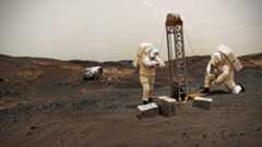 Illustration of an expeditionary crew on Mars setting up drilling gear in a quest to use ice for sustaining a human presence on the Red Planet.
