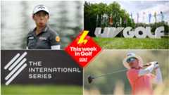 Jeeno Thitikul frowns (top left) and Joel Dahmen hits a drive (bottom right) with general signs of the International Series logo (bottom left) and the LIV Golf logo (top right). This Week In Golf Diamond sits in the centre