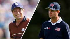 Viktor Hovland (left) smiles while Harris English (right) looks on at the 2025 Ryder Cup