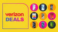 Verizon logo on yellow background with assorted phones collage