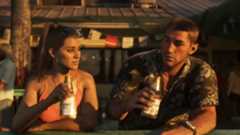 Jason and Lucia sitting on a pier, enjoying a beer together in the first Grand Theft Auto 6 trailer.