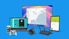 Various devices including a laptop, TV and tablet displaying the interfaces some of the best VPNs, including Surfshark, NordVPN, and ExpressVPN. A PS5 controller, Apple TV 4K and a router are also visible.