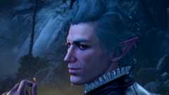 Baldur's Gate 3 screenshot showing Astarion, a pale male elf with short curly white hair and red eyes, looking over his shoulder with a smirk on his face